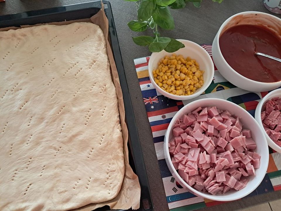 Bild zeigt alle Zutaten für eine Pizza. Links im Bild steht ein Blech, auf dem schon der Pizzateig ausgerollt ist