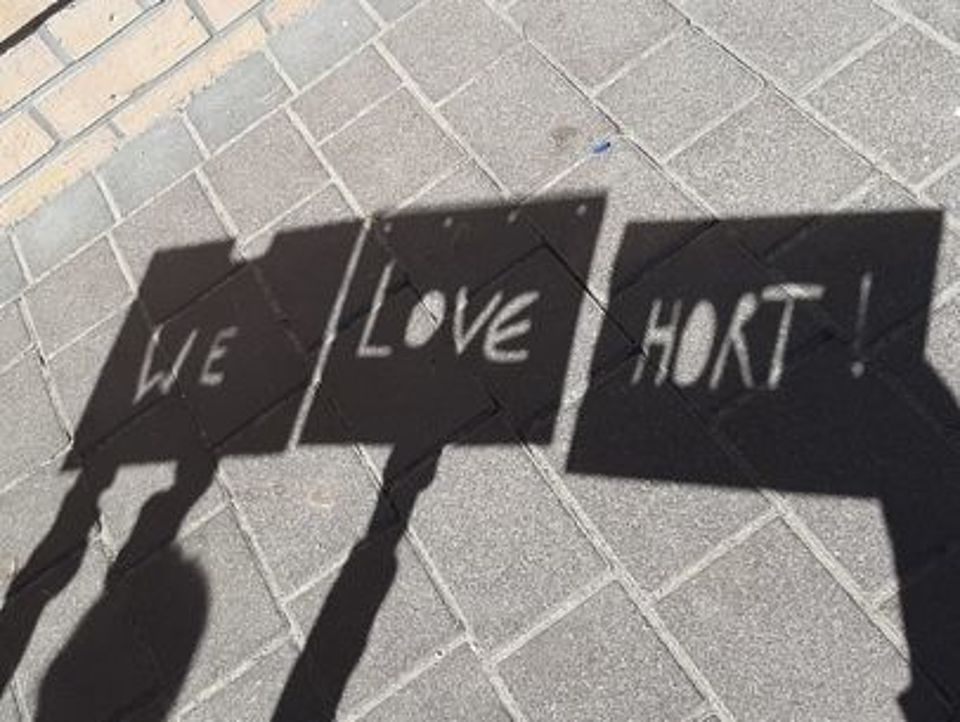 Bild zeigt aus der Vogelperspektive einen gepflasterten Gehweg neben einer hellen Klinkerwand. Auf den grau gefliesten Boden fällt der dunkle Schatten dreier Personen, die Schablonen in die Höhe halten. Durch das von den ausgeschnittenen Buchstaben einfallende Sonnenlicht zeichnet sich auf den Schattenflächen der weiße Schriftzug „WE LOVE HORT !“ deutlich ab