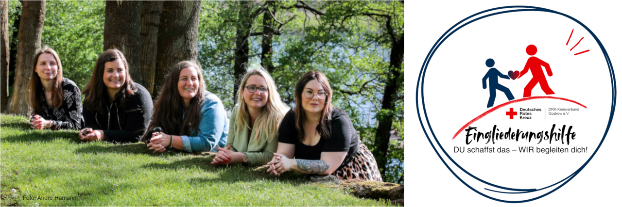 Titelbild Bild zeigt ein Titelbanner. Auf der linken Seite ist ein Gruppenbild mit 5 Personen v.l.n.r. Lisa Zeuchner, Delia Rohde, Anja Pfitzner, Sabrina Breier und Jenny Fischer. Rechts steht ein Rundlogo mit der Aufschrift Eingliederungshilfe - Du schaffst das - Wir begleiten Dich.