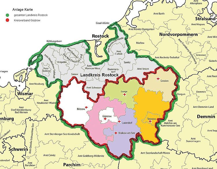 Bild zeigt eine Karte vom gesamten Landkreis Rostock mit eingezeichnetem Alt-Landkreis Güstrow, welcher der Wirkungsbereich unseres Kreisverbandes ist