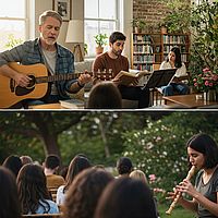 Bild zeigt eine KI generierte Collage mit Gitarre übenden Personen, einer Buchlesung und einer Blockflötenspielerin