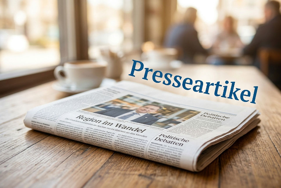 Presseartikel Bild zeigt einen Tisch auf dem eine gefaltete Zeitung liegt. Dahinter steht eine Tasse Kaffee verschwommen. Im Hintergrund sitzen drei Personen an einem anderen Tisch. Auch die sind verschwommen dargestellt. Das Bild wurde mit KI generiert.