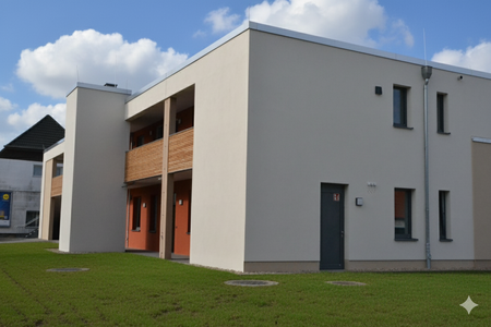 Bild zeigt das Gebäude der Tagespflege in Bützow in einer seitlichen Ansicht an einem sonnigen Tag