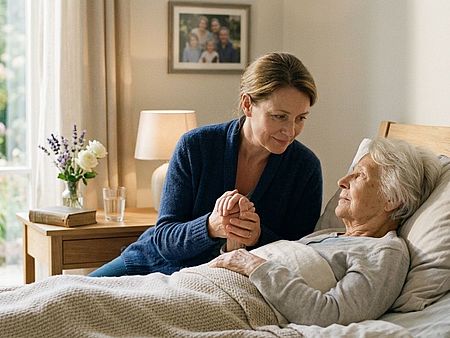 Bild ist KI generiert und zeigt eine alte Frau im Bett liegend mit einer grau-beigen Decke zugedeckt neben ihr sitz eine jüngere Frau auf dem Bett und hält die Hand der ersten Frau. Im Hintergrund steht ein Beistelltisch mit einer Lampe einem Glas Wasser zum trinken und eine Vase mit Blumen.