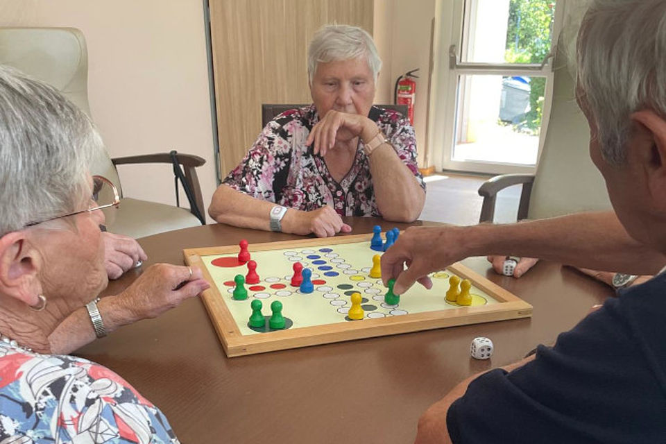 Bild zeigt: Drei Senioren spielen gemeinsam das Gesellschaftsspiel "Mensch ärgere Dich nicht" an einem Holztisch. Ein Mann (rechts, nur Arm sichtbar) bewegt eine grüne Spielfigur. Zwei ältere Damen (links und im Zentrum) beobachten konzentriert das Spielbrett mit den roten, blauen, grünen und gelben Figuren. Die Szene zeigt eine gemeinsame soziale Aktivität und Spielrunde in einem hellen Gemeinschaftsraum der Tagespflege.