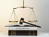 Bild ist ein Symbolbild zum Thema Schiedsordnung. Es zeigt zwei übereinander liegende Bücher. Auf dem oberen steht das Wort Schiedsordnung. Darüber liegt ein aufgeschlagenes Buch mit Richterhammer und darüber hängt eine Waage mit zwei Schalen an Ketten rechts und links.