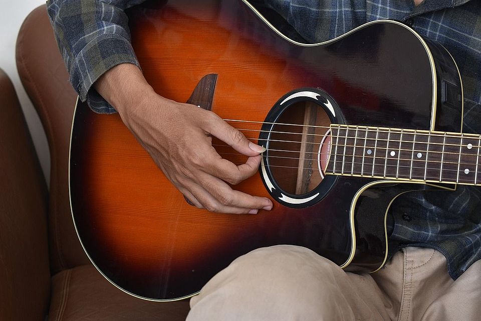 Bild zeigt einen Gitarrenkorpus, der auf dem Bein eines Mannes liegt in der Gitarren Folkhaltung. Die rechte Hand ist mit Daumen und Zeigefinger zusammen über den Saiten. Die anderen Finger stützen die Hand unterhalb des Schallloches ab.