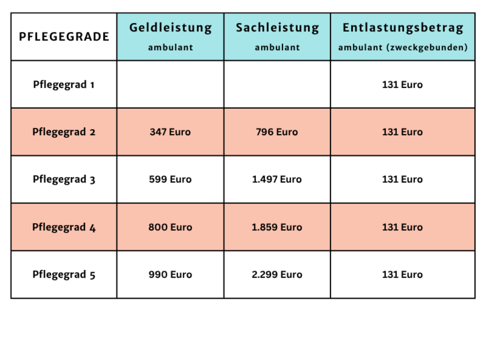 Bild zeigt eine Tabelle mit den Geldbeträgen der Plegegrade