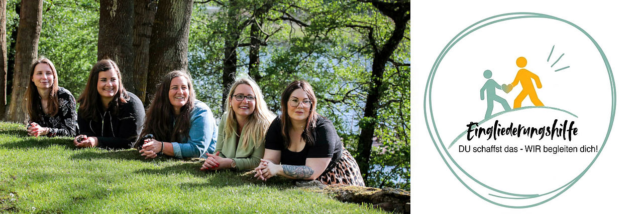 Titelbild Bild zeigt ein Titelbanner. Auf der linken Seite ist ein Gruppenbild mit 5 Personen v.l.n.r. Lisa Zeuchner, Delia Rohde, Anja Pfitzner, Sabrina Breier und Jenny Fischer. Rechts steht ein Rundlogo mit der Aufschrift Eingliederungshilfe - Du schaffst das - Wir begleiten Dich.