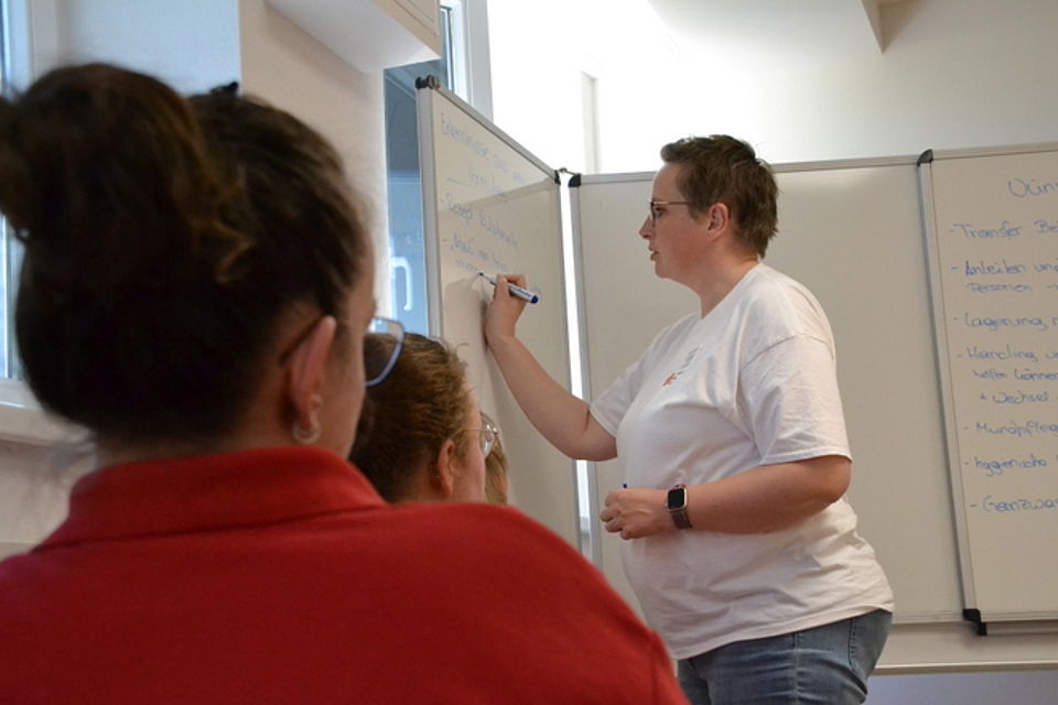 Bild zeigt Frau Behlke eine Zusammenfassung des gelernten an einer Tafel (Whiteboard) aufschreiben.