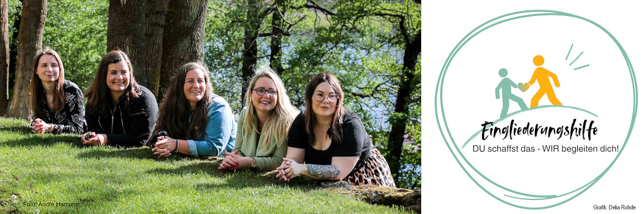 Titelbild Bild zeigt ein Titelbanner. Auf der linken Seite ist ein Gruppenbild mit 5 Personen v.l.n.r. Lisa Zeuchner, Delia Rohde, Anja Pfitzner, Sabrina Breier und Jenny Fischer. Rechts steht ein Rundlogo mit der Aufschrift Eingliederungshilfe - Du schaffst das - Wir begleiten Dich.