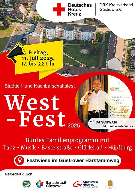 Bild zeigt das Plakat für das Westfest am 11.07.2025 mit allen wichtigen Angaben. Zeit, Ort, Programm usw.