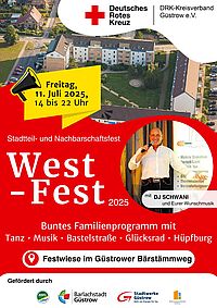 Bild zeigt das Plakat für das Westfest am 11.07.2025 mit allen wichtigen Angaben. Zeit, Ort, Programm usw.