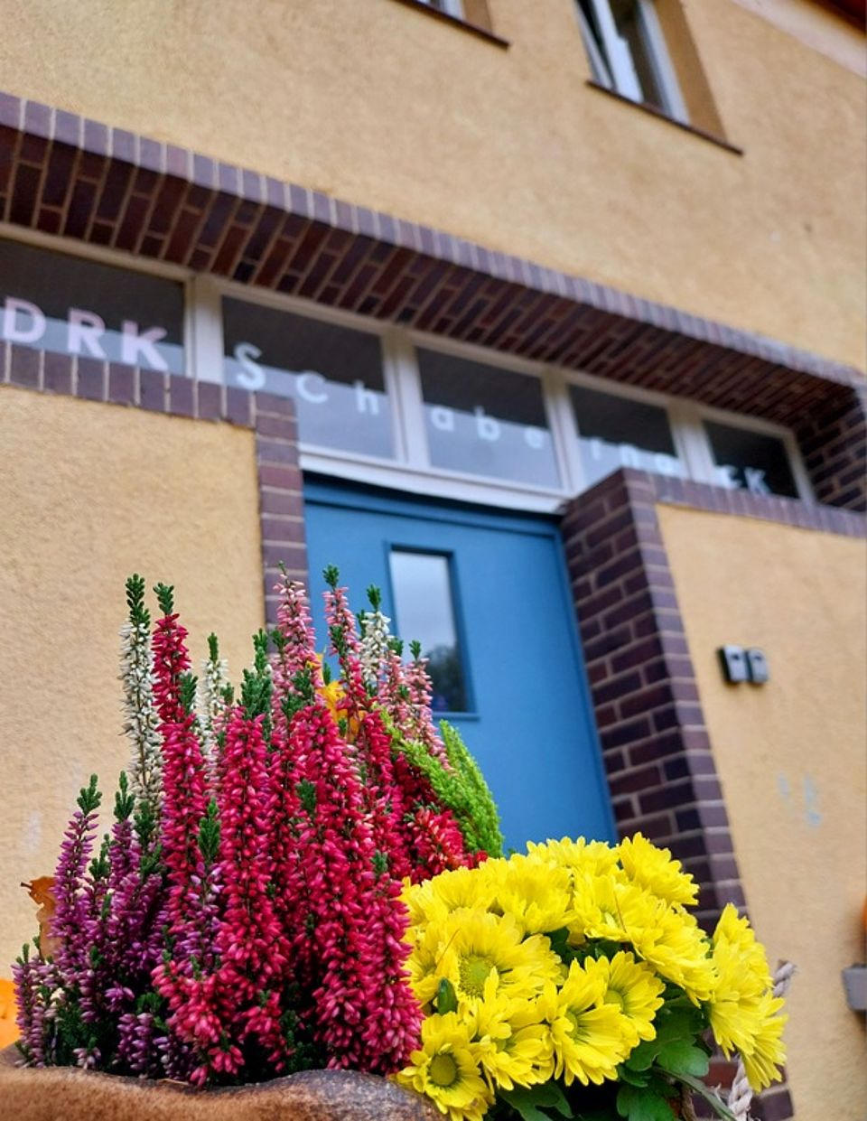 Bild zeigt den Eingangsbereich der Einrichtung mit Staudenblumen davor