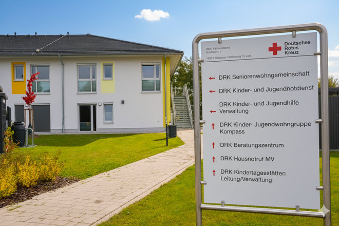 Das Bild zeigt einen Teil der Gebäudefront in dem auch das Beratungszentrum untergebracht ist. Rechts im Vordergrund ist ein großes Wegweiserschild mit allen Einrichtungen, welche sich in dem Haus befinden.
