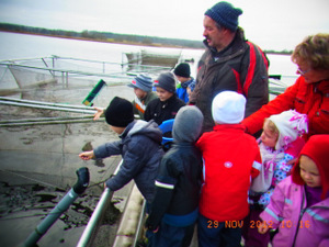 Gruppe von Kindern mit einem Fischer beim kontrollieren der Hälternetze