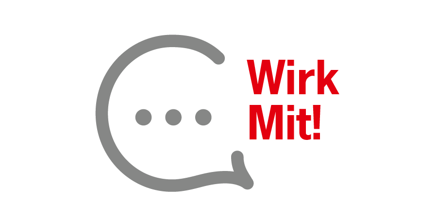 Bild zeigt das Logo von WirkMit! Eine Sprechblase mit 3 Punkten und rechts stehen die Worte Wirk Mit! in roter Farbe.