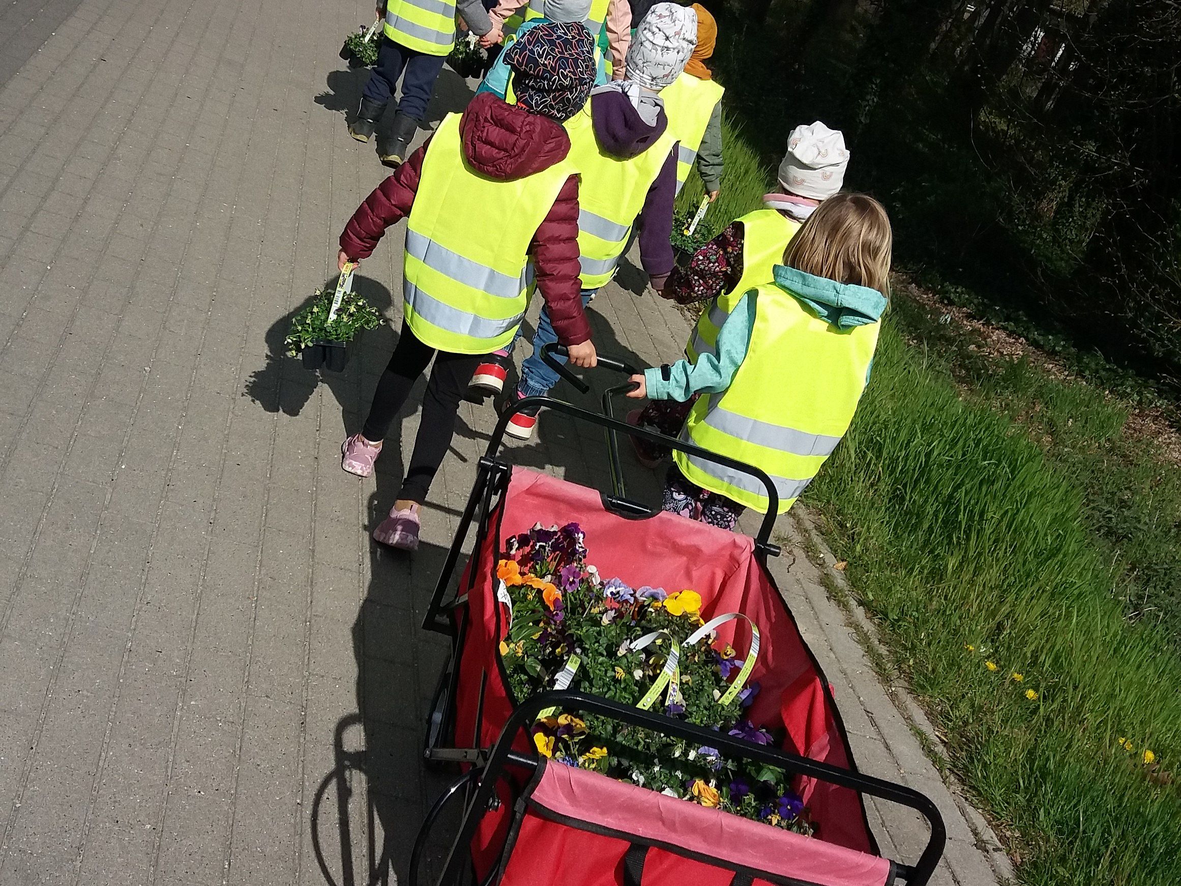 Bild zeigt Kinder mit Bollerwagen und Blumen
