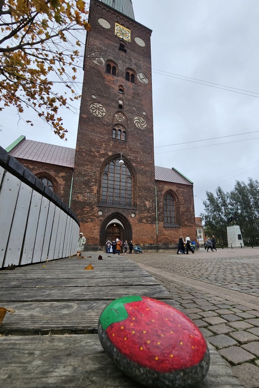 Bild zeigt den bemalten Wanderstein und im Hintergrund ist der Dom in Aarhus