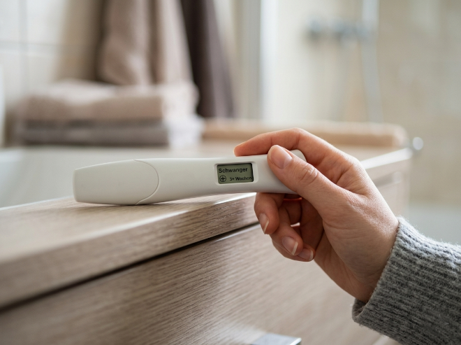 Schwangerschaftstest Bild zeigt eine Hand, welche einen Schwangerschaftstest hält. Auf diesem ist zu lesen "Schwanger 3+". Im Hintergrund ist verschwommen eine Dusche zu sehen und der Test ist auf einem Waschtisch abgestützt.